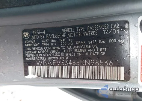 2005 BMW 325I I из США, поврежденный, VIN WBAEV33435KN98536